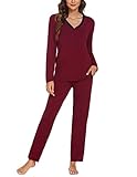 ADOME Damen Lang Elegant Pyjama Weich Set V-Ausschnitt Basic Zweiteiliger Schlafanzug Lang