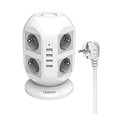 Mehrfachsteckdose Überspannungsschutz, TESSAN 8 Fach Steckdosenleiste Überspannungsschutz USB, Mehrfachstecker mit USB, Steckerleiste 8 Fach Steckdosenturm mit Schalter, Verteilersteckdose 2m, 2500W