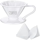 Weißer Kaffeetropfer mit 40 Stücke Einweg Kaffeefilterpapier Keramik Übergießen Kaffeemaschine Tropfer Kegelförmiges Filterpapier für Heim Café Restaurants Kaffee Übergieß