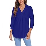 Shirt 3/4 Arm Damen Herbst Festliche Blusen Damen Party Outfit Langarmshirts Einfarbig T-Shirt V-Ausschnitt Bluse Tunika Tops Oversized Lose Freizeithemd Tunika Sommer Oberteil Hemdb