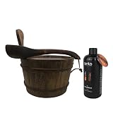 SudoreWell® Saunakübel Set mit Kübel 4,0 l aus Kiefernholz geteert mit Kunststoffeinsatz und Kelle + Rento Saunaduft T