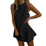 Saymany Damen Gezackte Trimmung Einfarbig Ärmellos Rundhals Tankkleid Sommer Lässig Loose Fit Knielang Kleider A-Linie Swing T-Shirt Kleider Mini Strandk