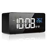 Digital Wecker, LED Digitaluhr Tischuhr mit Sprachsteuerung Funktion und Temperatur Display, Spiegelalarm mit Dual Alarm Snooze Zeit 4 Stufen Einstellbarer Helligkeitsdimmer 13 Musik USB L