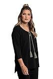 Ulla Popken Damen große Größen Übergrößen Plus Size Tunika, Schnürung, A-Linie, V-Ausschnitt, 3/4-Arm schwarz 50+ 791925130-50+
