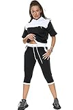 Damen 2-teiliges Set mit kontrastierenden Stoffbahnen für den Sommer, zum Laufen, Joggen, Trainingsanzug, kurzärmelig, Kapuzenoberteil mit 3/4-Hose, schwarz / weiß, 36