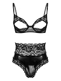 winying Damen Geteilter Badeanzug Push up Bikini Set Neckholder Bikini Oberteil Wetlook Dessous Ouvert-Slip Low Rise Tanga Reizwäsche Schwarz C XL
