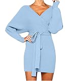 Wszbdoh Damen Kleid Mit Gürtel Einfarbig Party Kleider V-Ausschnitt Langarm Cocktailkleid Elegant Abendkleider Ballkleider Verbandkleid Lässig Tshirt Kleid Blusenkleider(Hellblau,XXL)