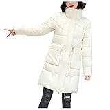 MOMOEW Winterjacke Damen, Warm Wintermantel Reißverschluss Einfarbig Steppjacke Parka Sweatjacke Coat Übergangsjacke Windjacke Outdoorjacken Outwear mit Tasche Große Größen (3XL, D-Weiß)