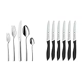 WMF Boston Edelstahl Besteck Set 6 Personen, Essbesteck Set 30 teilig, Monobloc-Messer & Classic Line Frühstücksmesser Set 6-teilig, 23 cm, Brötchenmesser Wellenschliff, B