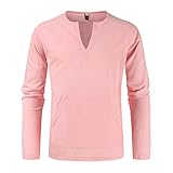 Herren Henley Shirt kragenlos T-Shirt Frühling Sommer Casual Baumwolle Leinen Einfarbig Tops V-Ausschnitt Langarm Atmungsaktiv Sweatshirt Leichter Pullover Weich Loungewear Bequem Gemütlich, rose, M