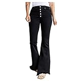 Ronony Damen Slim Jeans mit hoher Taille Flare Jeans Locker Hautfarbe Jeans Knopf Reißverschluss Hosen mit weitem Bein und Taschen F