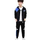 L PATTERN Kinder Jungen 3tlg Jogginganzug Trainingsanzug Sportanzug Freizeitanzug Outfit-Set Bekleidungsset Zweiteiler(Sweatshirt+Sweathose+T-shirt), Blau, 152-158