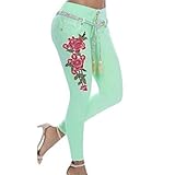 JMCWAN Damen JUPCS Hose Rose Bestickt Denimhose Retro Femme Casual Lange Hose Gr. M, lichtgrü