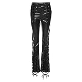 Lederhosen Hohl Bandage Bottoms Frauen Wild Streetwear Flare Pants Faux PU Hose (Color : Black, Size : Large)