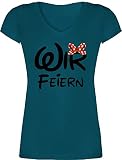 JGA Junggesellenabschied Frauen - Wir feiern Schleife schwarz - XS - Türkis - Polterabend - XO1525 - Damen T-Shirt mit V