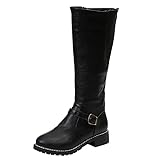 SEEGOU Vintage Damen Hohe Stiefel Square Heel Mode Reißverschluss Lederstiefel Warmhalten Frauen Runde Zehe Schuhe Weiche Mit quadratischer Schnallendekoration Ritter Stiefel Rutschfester Gummib