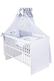 KMbaby Babybett Tany Weiss 120x60 mit 10tlg Bettwäsche Set Matratze Gitterbett graue M