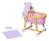 Zapf Creation 829981 BABY born Gute Nacht Stubenwagen - Puppen-Stubenwagen in Holzoptik mit rosa Stoffhimmel, Planetenmobile und Bettzeug