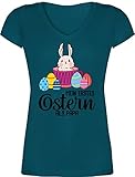 Ostergeschenke & Deko - Mein erstes Ostern als Papa - Hase in Tasse - XXL - Türkis - 32 - XO1525 - Damen T-Shirt mit V