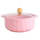 Müslischalen Keramik-Suppenschüssel Mit Deckel （mit Essstäbchen） Keramik-Suppenschüssel Mit Doppelgriffen Keramik-Ramen-Nudelschale (Color : Pink A, Size : 15.5×12cm)