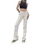 Zukmuk Damen-Hose, offene Hose, Casual, weiße Hose, mit doppelter Schnalle, einfarbig, hohe Taille, einfacher Stil, Weiß, L