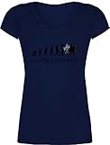 Entwicklung und Evolution Outfit - Freizeitreiten Ausreiten Reiten Evolution - S - Dunkelblau - t-Shirt vom affen zum Reiter - XO1525 - Damen T-Shirt mit V