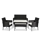 4 Stück PE-Rattan Gartenmöbel Set Gartenmöbel Lounge Set 2 Einzelstühle 1 Doppelstühle 1 Quadratischer Couchtisch Grauweißes 5cm Kissen (Black)