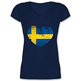 Fussball EM 2021 Fanartikel - Schweden Vintage Herz - L - Dunkelblau - T-Shirt - XO1525 - Damen T-Shirt mit V