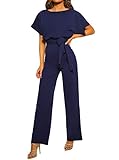 TOUVIE Damen Jumpsuit Elegant Lang Weites Bein Hohe Taille Kurzarm Overalls mit Gürtel Blau L