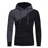 Herren Sweatshirt Mode Casual Slim Fit Hoodie Langarm Nähte Kontrastfarbe Gerippte Sportjacke Tunika Tops, Schwarz , XL