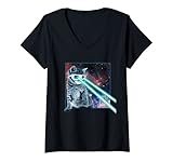 Damen Laser Eyes Space Cat | Lustiges Kitty 3D Brille T-Shirt Geschenk T-Shirt mit V
