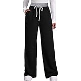 LFYYDS Damen Wide Beinhose Trendy Elastic Waist Straight Bein Jogginghose Bequeme Loose Fit Freizeithose für Frauen Winter Jogger Sweatpant mit Kordelzug und Taschen Damen Weites Bein Sw