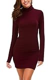 Damen Bodycon Kleid Rollkragen Langarm Basic T-Shirt Kleid (M, Weinrot)