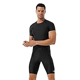 dPois Herren Bademode Zweiteiler Badeanzug Schwimmanzug Badeshirt Oberteil mit Schwimmshorts mit Kordelzug Slim Fit Sommer Sportanzug Schwarz 4XL