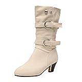Boot Winter Reitstiefel Lederstiefel Stiefel Schuhe Damen Vintage Schnalle Round Toe Plus Velvet Mid Heel Cowboy (40,beige)