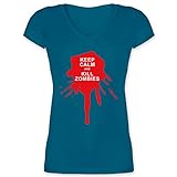 Keep Calm - Keep Calm and Kill Zombies - XL - Türkis - Kurzarm - XO1525 - Damen T-Shirt mit V