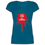 Keep Calm - Keep Calm and Kill Zombies - XL - Türkis - Kurzarm - XO1525 - Damen T-Shirt mit V
