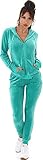 Jela London Damen Nicki Hausanzug Jogginganzug Velours Samt Jogginghose Freizeithose Kapuzenjacke, Jadegrün 36 38 (M)
