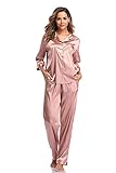 SHEKINI Damen Klassische Zweiteiliger Schlafanzug mit Hose mit Gummibund am Einfarbige Nachthemd Satin Nachtwäsche Knöpfen Pyjama Sleepwear(Stil 3 Pyjamas Set-Rosa,M)