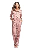 SHEKINI Damen Klassische Zweiteiliger Schlafanzug mit Hose mit Gummibund am Einfarbige Nachthemd Satin Nachtwäsche Knöpfen Pyjama Sleepwear(Stil 3 Pyjamas Set-Rosa,M)