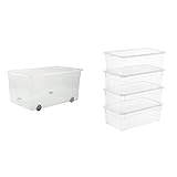 Rotho Clear Aufbewahrungsbox 63l mit Deckel und Rollen, transparent, 63l (71,5 x 40,0 x 33,5 cm) & Clear 4er-Set Aufbewahrungsbox 5l mit Deckel, transparent, 4 x 5l (33,0 x 19,0 x 11,0 cm)