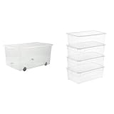 Rotho Clear Aufbewahrungsbox 63l mit Deckel und Rollen, transparent, 63l (71,5 x 40,0 x 33,5 cm) & Clear 4er-Set Aufbewahrungsbox 5l mit Deckel, transparent, 4 x 5l (33,0 x 19,0 x 11,0 cm)