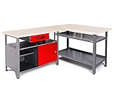 Ondis24 Werkstatt-Set Ecklösung Sparfuchs 120 x 120 x 85cm (H), 2x Werkbank aus Metall, melaminbeschichtete Arbeitsplatte, Problemlöser für Ecke (180x120, Rot)