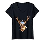 Damen Hirsch mit Blumenkranz Motiv Oktoberfest Wiesn Volksfest T-Shirt mit V