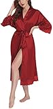 Halffle Satin Kimono Damen Morgenmantel Bademantel Lang Robe Seide Weiche Negligee 3/4 Ärmel Nachtwäsche Loungewear Weinrot S