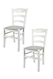 Tommychairs - 2er Set Stühle Cuore für Küche und Esszimmer, Robuste Struktur aus Buchenholz, deckend Weiss lackiert und gepolsterte Sitzfläche mit Stoff in der Farbe Perlgrau bezog