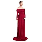 IWEMEK Frauen Schwangerschaftskleid, Damen Mutterschaft Kleider Cowl Neck Schwangere Elegante Fotografie Stützen Off Schultern Mutterschaft Krankenpflege Kleid Langarm Maxi Kleid Burgund XL