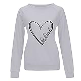 Damen Pullover mit Herz-Aufdruck, langärmelig, Rundhalsausschnitt, lockere Passform, für Herbst und Winter, lässiges Sweatshirt, atmungsaktiv, leicht, weich, gemütlich, bequem, grau, 36