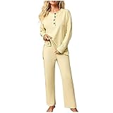 Lazzboy Jogginganzug Damen Jogginghose Schlafanzug 2 Stück Outfit Set Langarm Knopf Strick Pullover Top Und Weite Beinhose Sweatsuit Bekleidungsset Freizeitanzug Hausanzug ( Beige,XL )