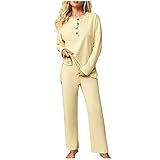 Lazzboy Jogginganzug Damen Jogginghose Schlafanzug 2 Stück Outfit Set Langarm Knopf Strick Pullover Top Und Weite Beinhose Sweatsuit Bekleidungsset Freizeitanzug Hausanzug ( Beige,XL )